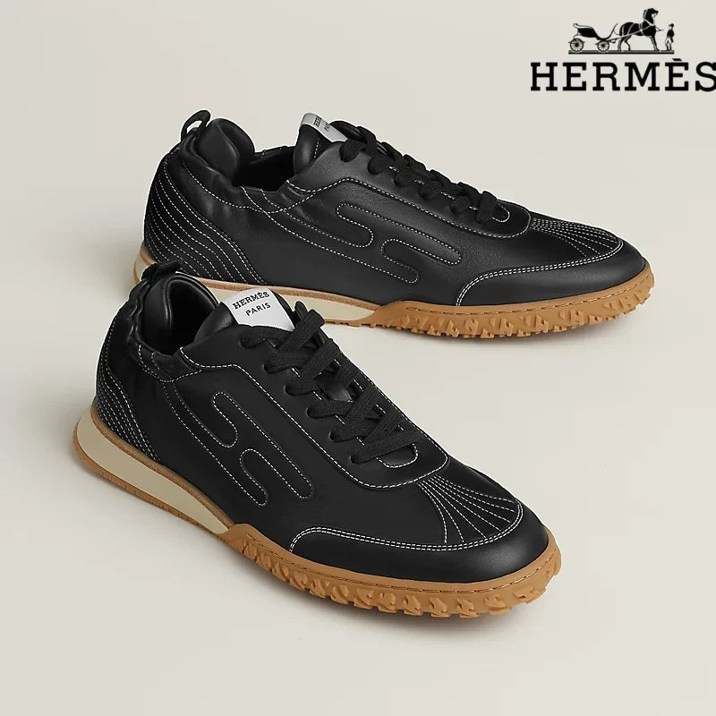 Herm¨¨s Black Leather Contrast Stitch H-Logo Sneakers
