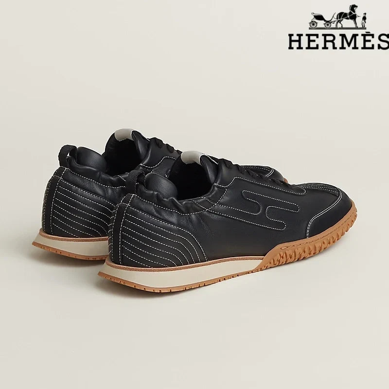 Herm¨¨s Black Leather Contrast Stitch H-Logo Sneakers