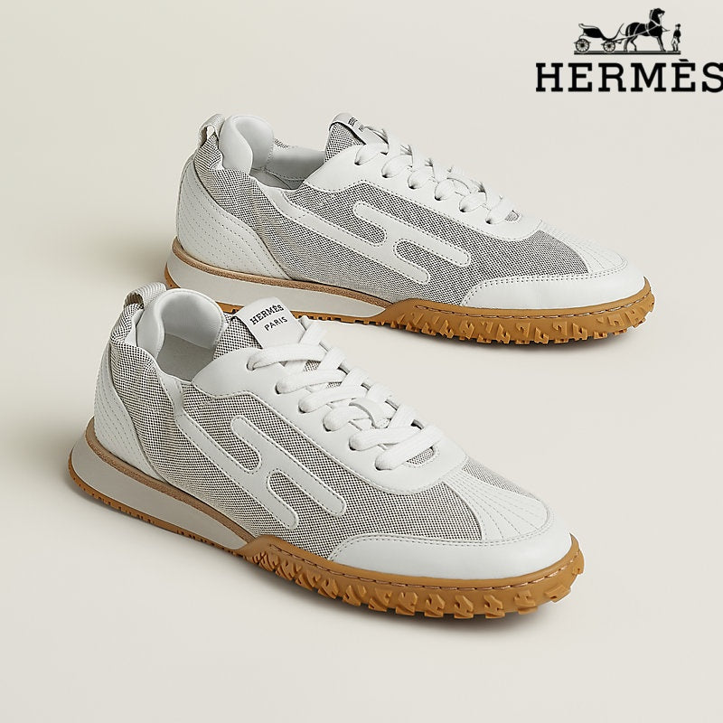 Herm¨¨s womens shoes men sneaker White Mesh and Leather Sneakers with H-Logo