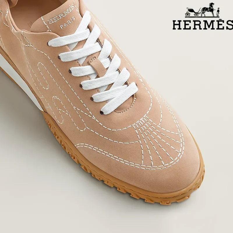 Herm¨¨s Nude Suede Contrast Stitch H-Logo Sneakers