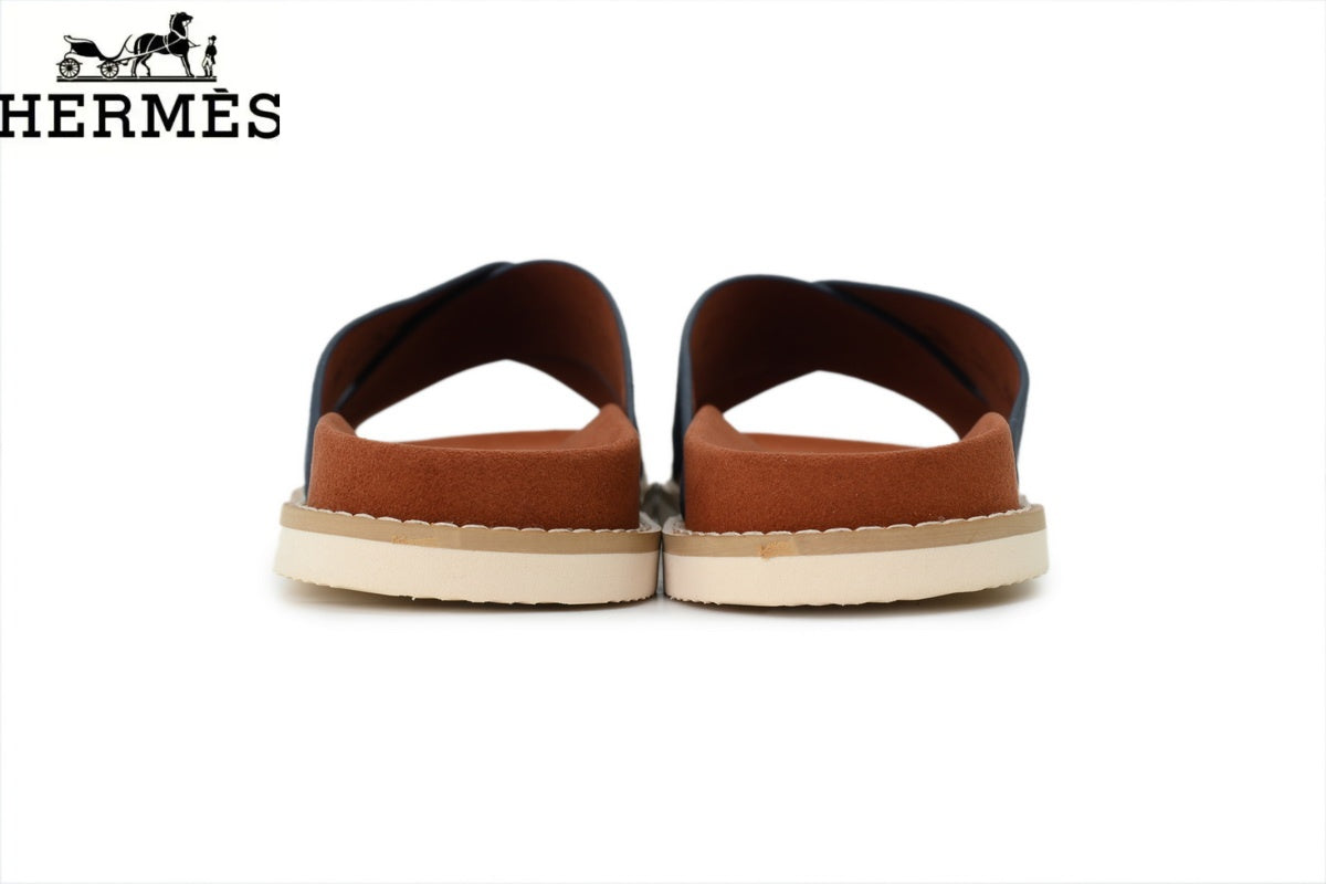 hermes womens shoes men sneaker Loro Piana Navy Blue Suede Cross-Strap Slide Sandal