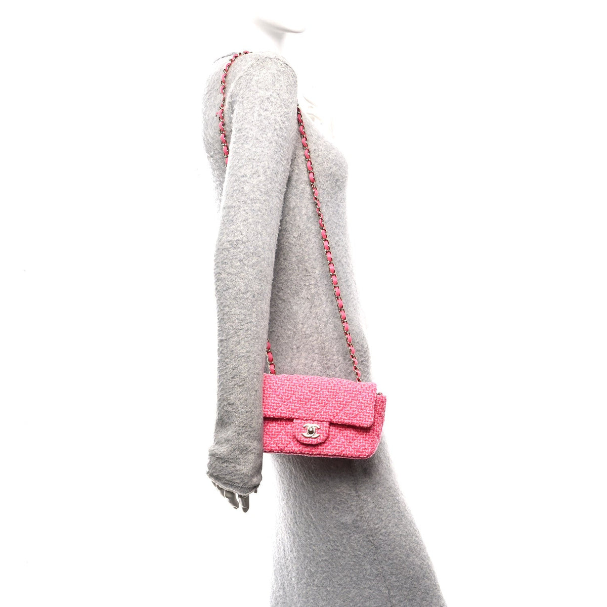 Wool Tweed Quilted Mini Rectangular Flap Dark Pink Fuchsia