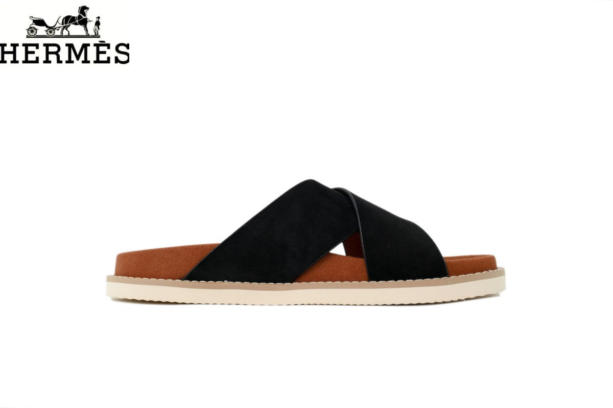 hermes womens shoes men sneaker Loro Piana Black Suede Cross-Strap Slide Sandal