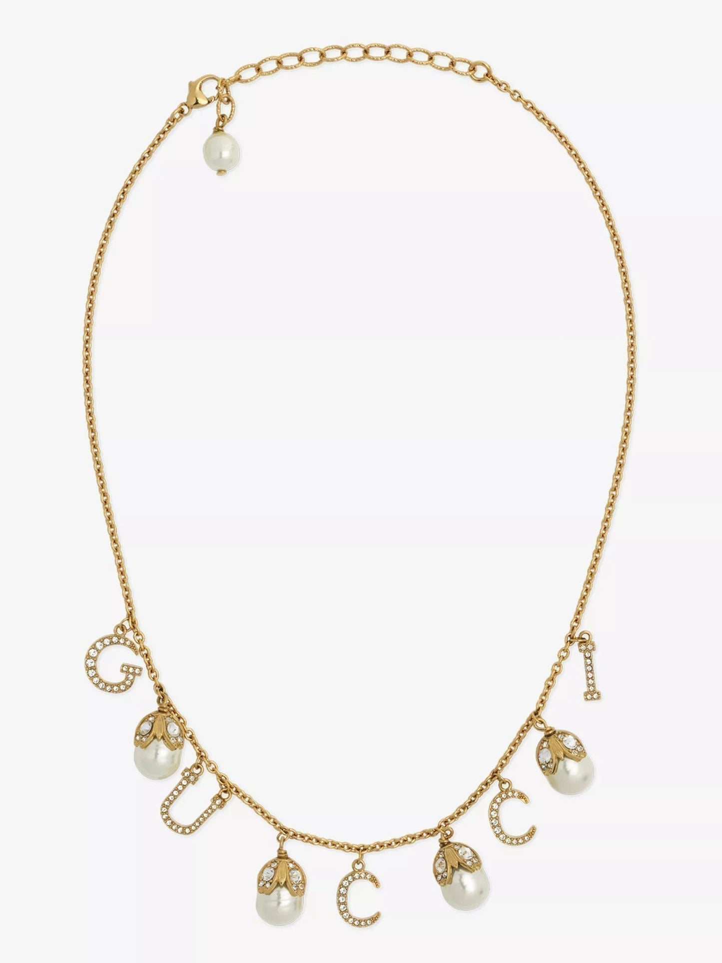 Gucci Double Logo Plaque Embellished Pearl 18K Gold Necklace