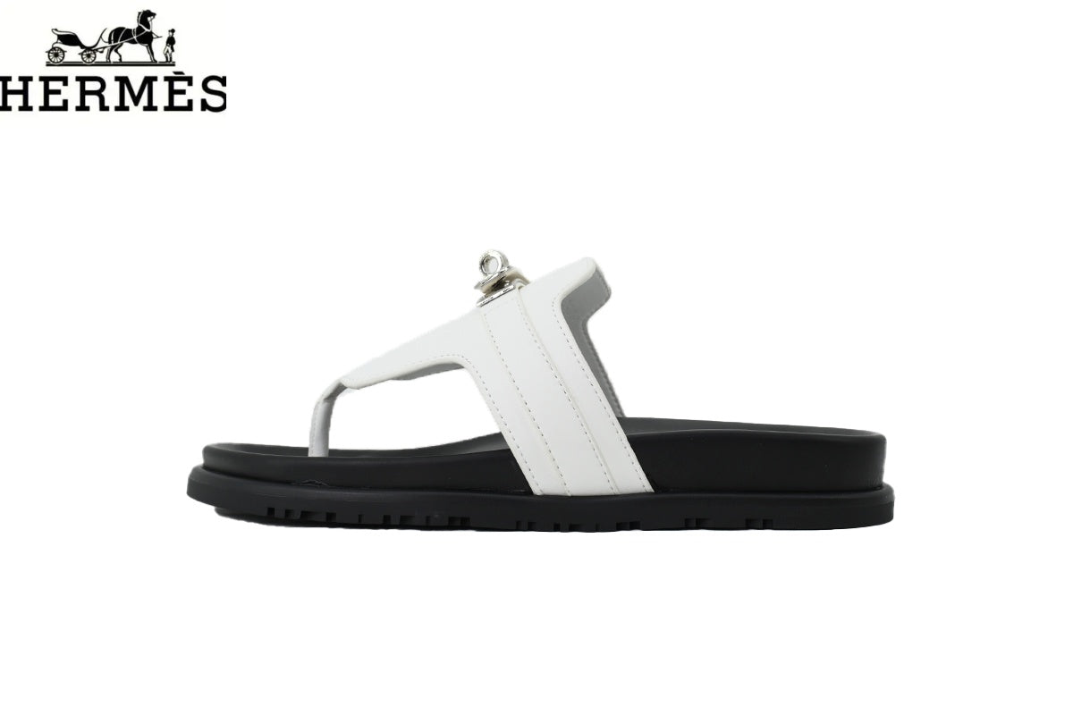 Herm¨¨s female slides White Leather Flip-Flop Slide with Metal Buckle