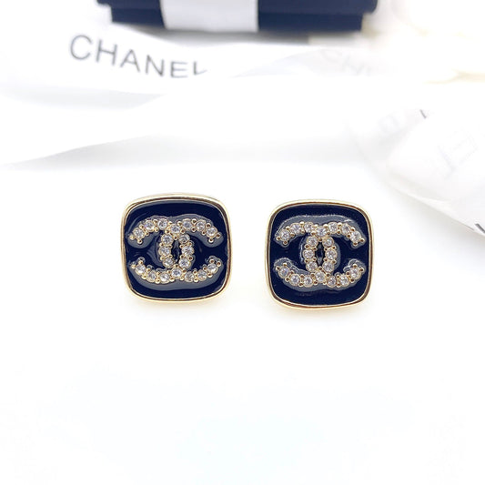 Chanel Square Resin Diamond 18K Gold Earrings