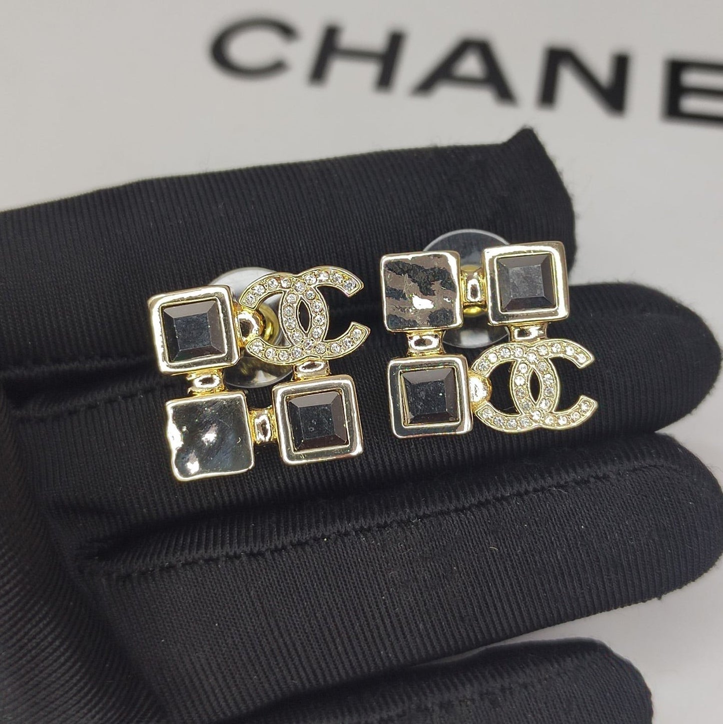 Chanel Black Crystals 18K Gold Earrings
