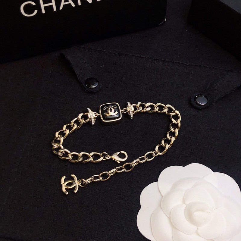 Chanel Black Logo Gold Chain 18K Gold Bracelet