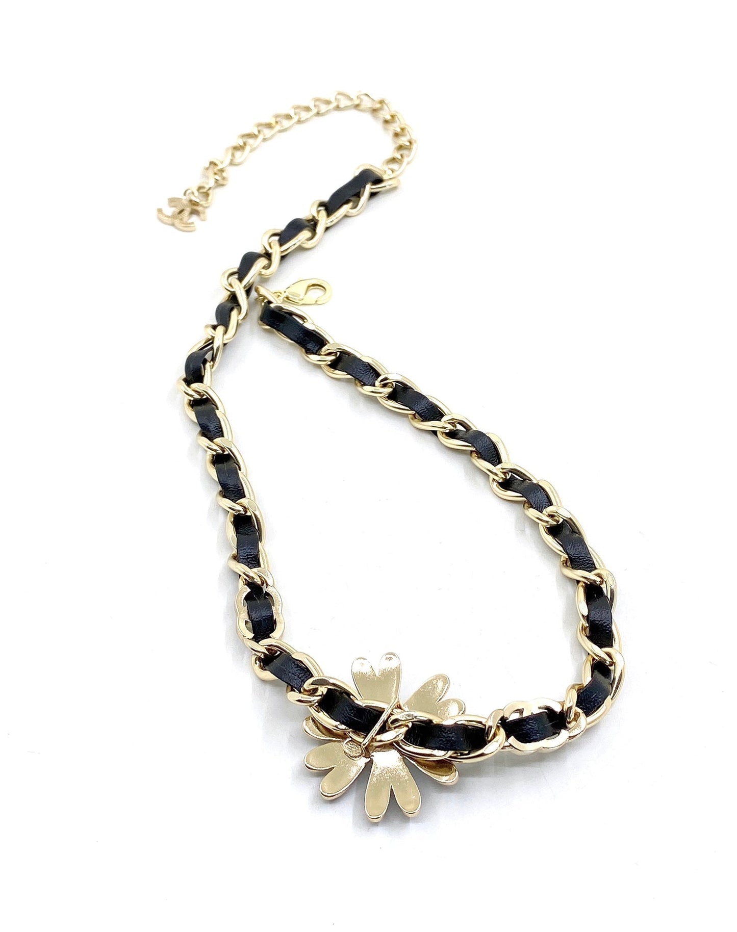 Chanel Flower Leather Choker 18K Gold Necklace