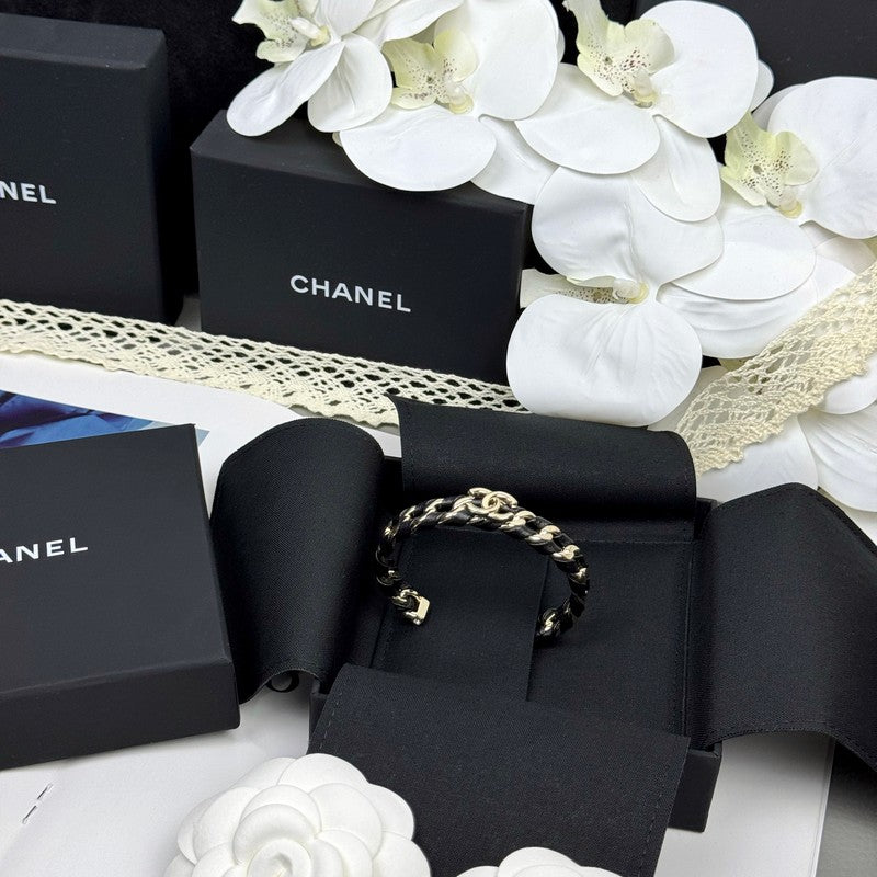 Chanel 26C Black Leather Cuff 18K Gold Bracelet