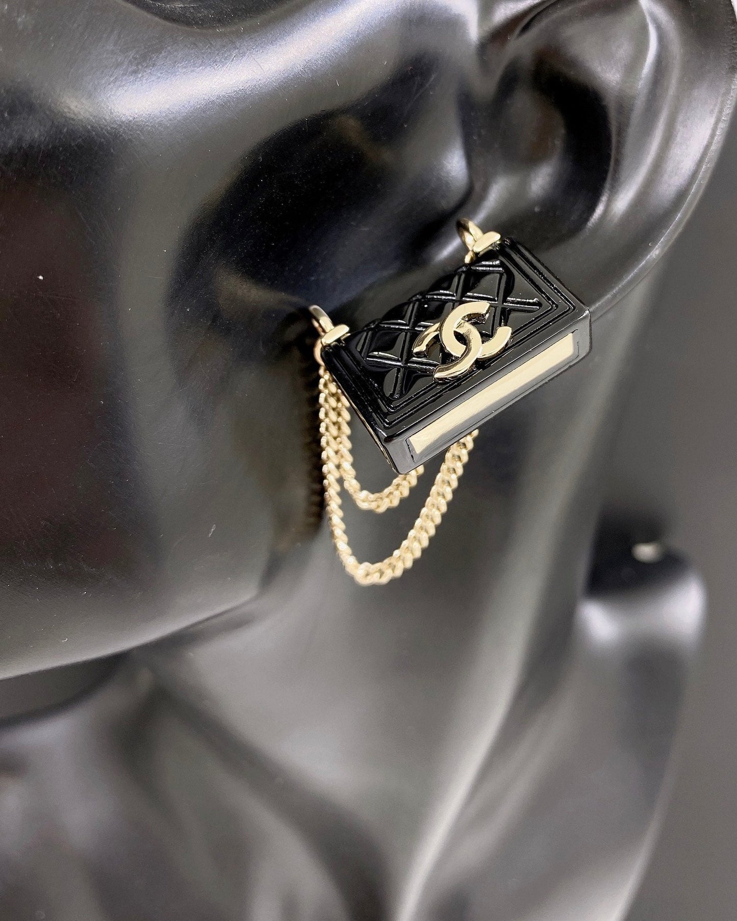 Chanel Black Bag Pendant 18K Gold Earrings