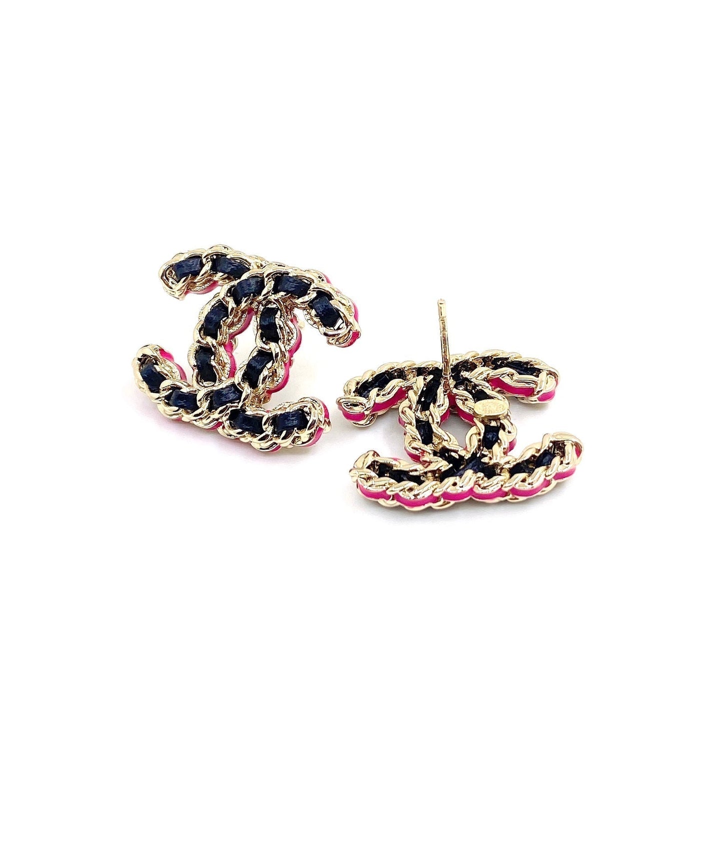 Chanel Pink Resin Leather 18K Gold Earrings