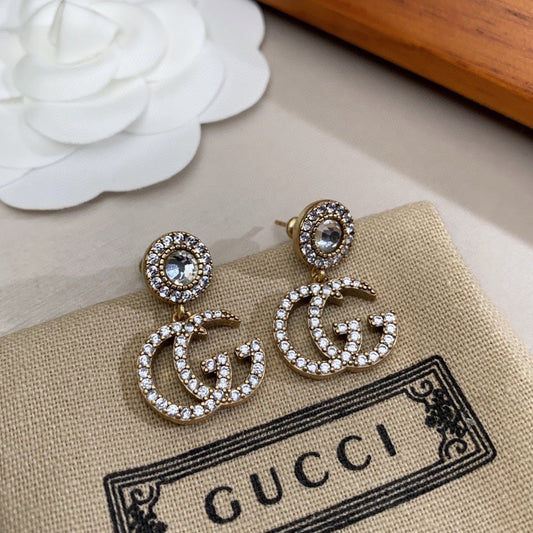 Gucci Double Crystal Pendant 18K Gold Earrings