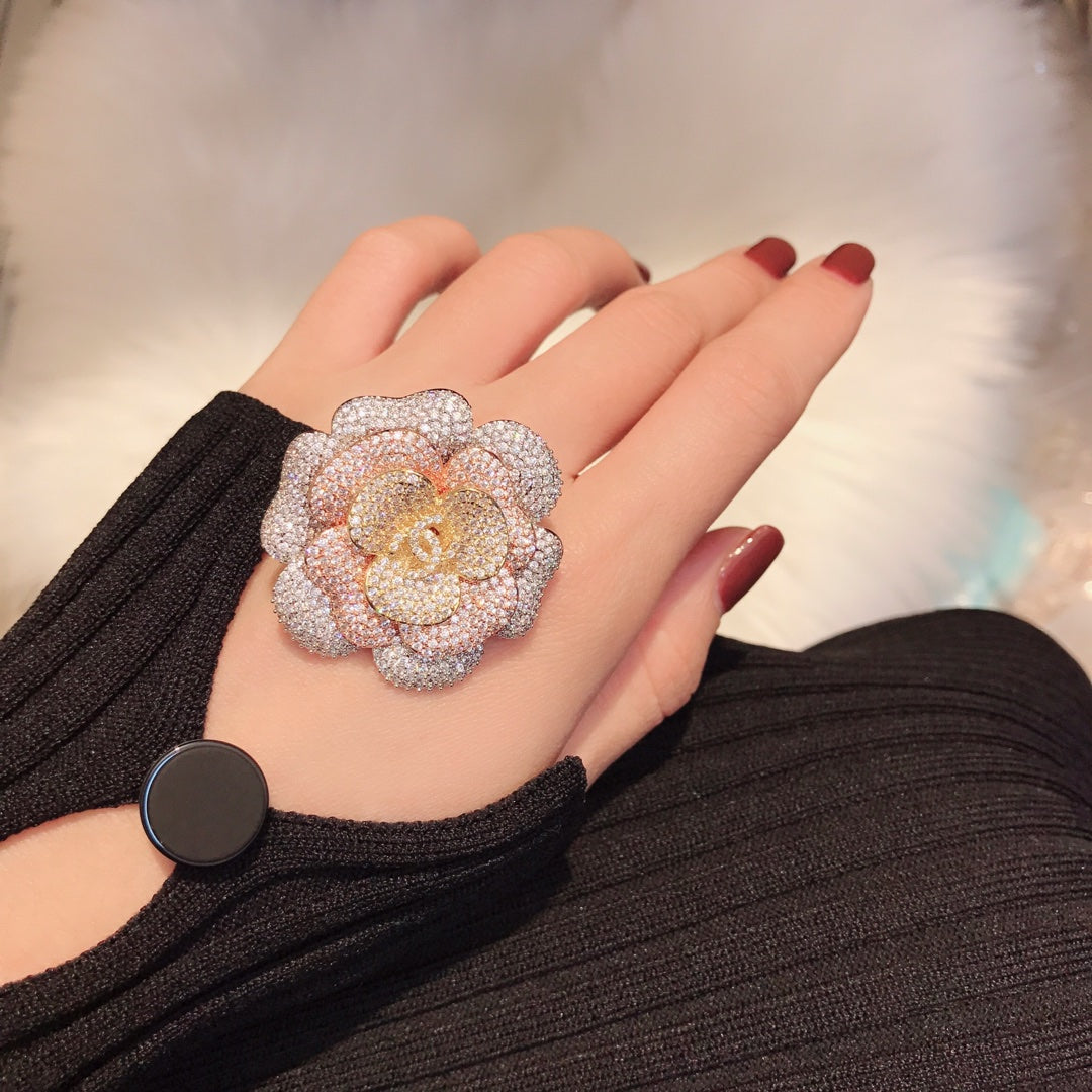 Chanel Pink Flower Diamond 18K Gold Brooch