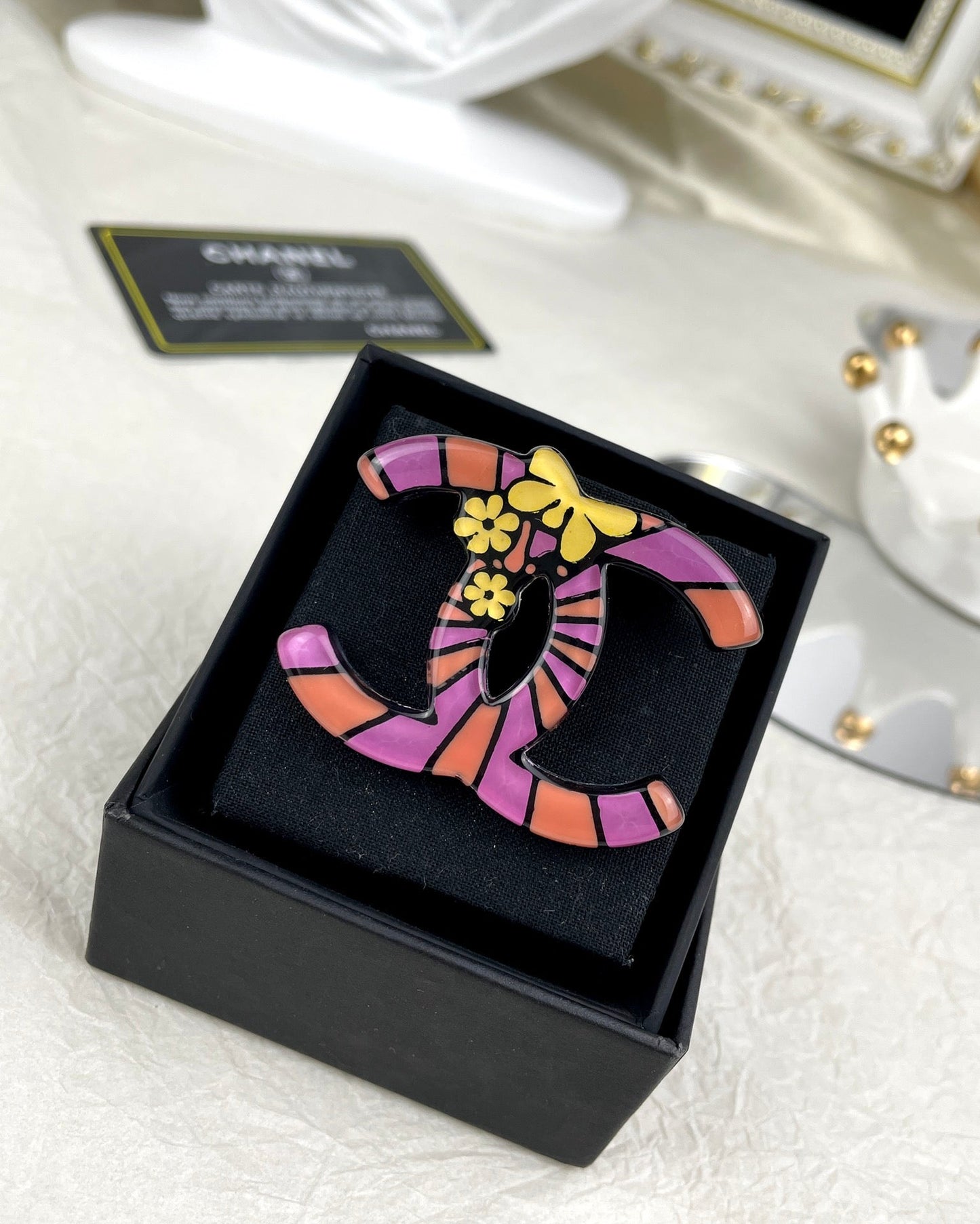 Chanel Pink Resin 18K Gold Brooch