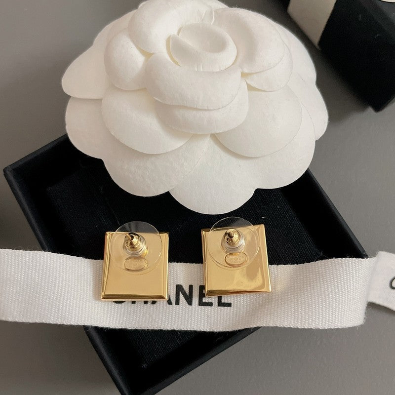 Chanel Black Gold Square 18K Gold Earrings