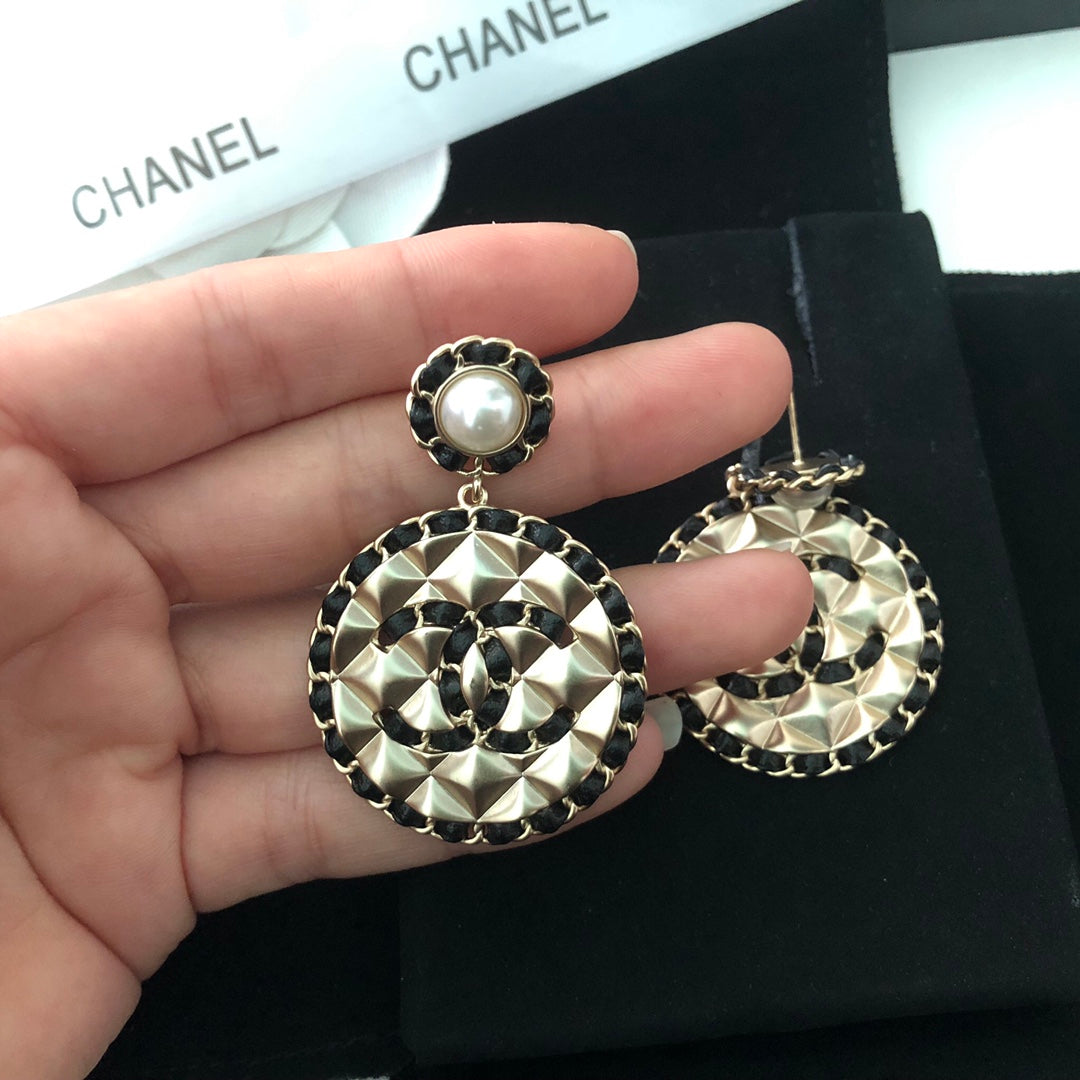 Chanel Leather Round 18K Gold Earrings