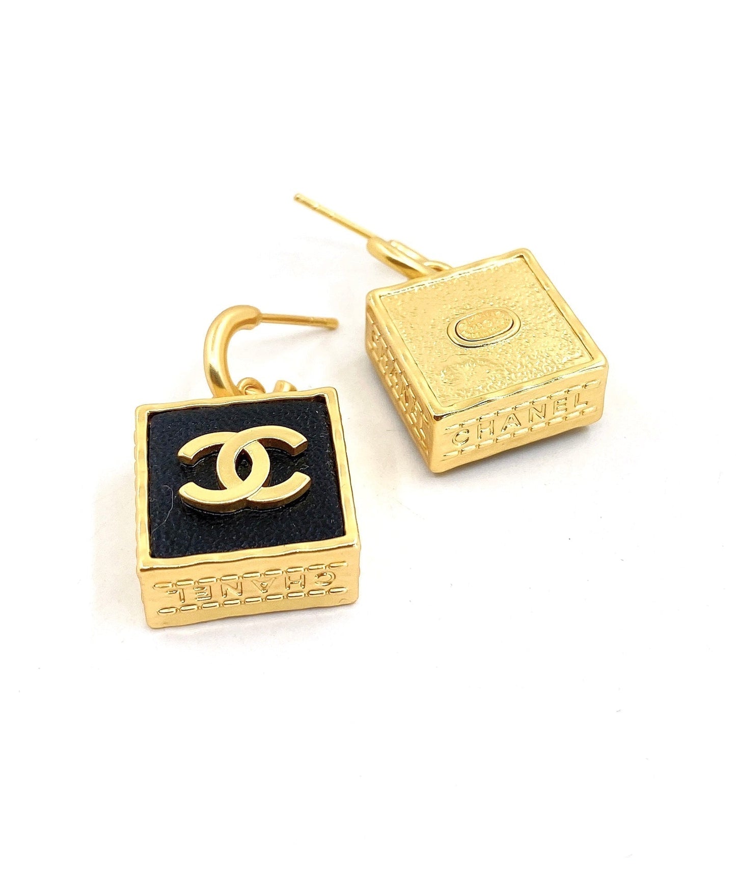 Chanel Black Bag Pendant 18K Gold Earrings