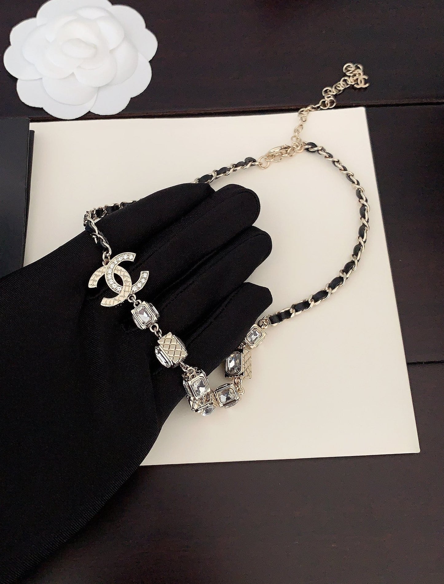 Chanel Square Crystal Choker 18K Gold Necklace
