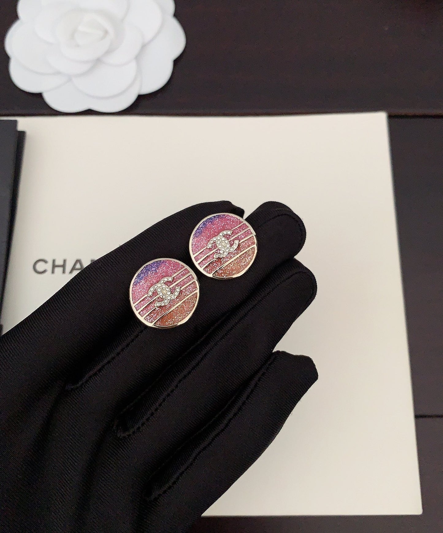 Chanel Pink Crystals 18K Gold Earrings