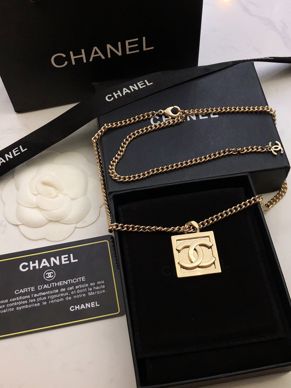 Chanel Square Logo 18K Gold Necklace