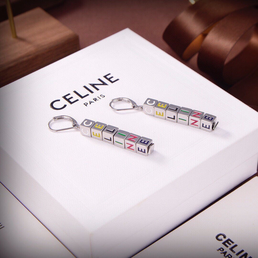 Celine Script Cube 18K Gold Earrings