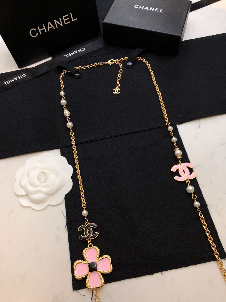 Chanel Pink Flowers 18K Gold Necklace