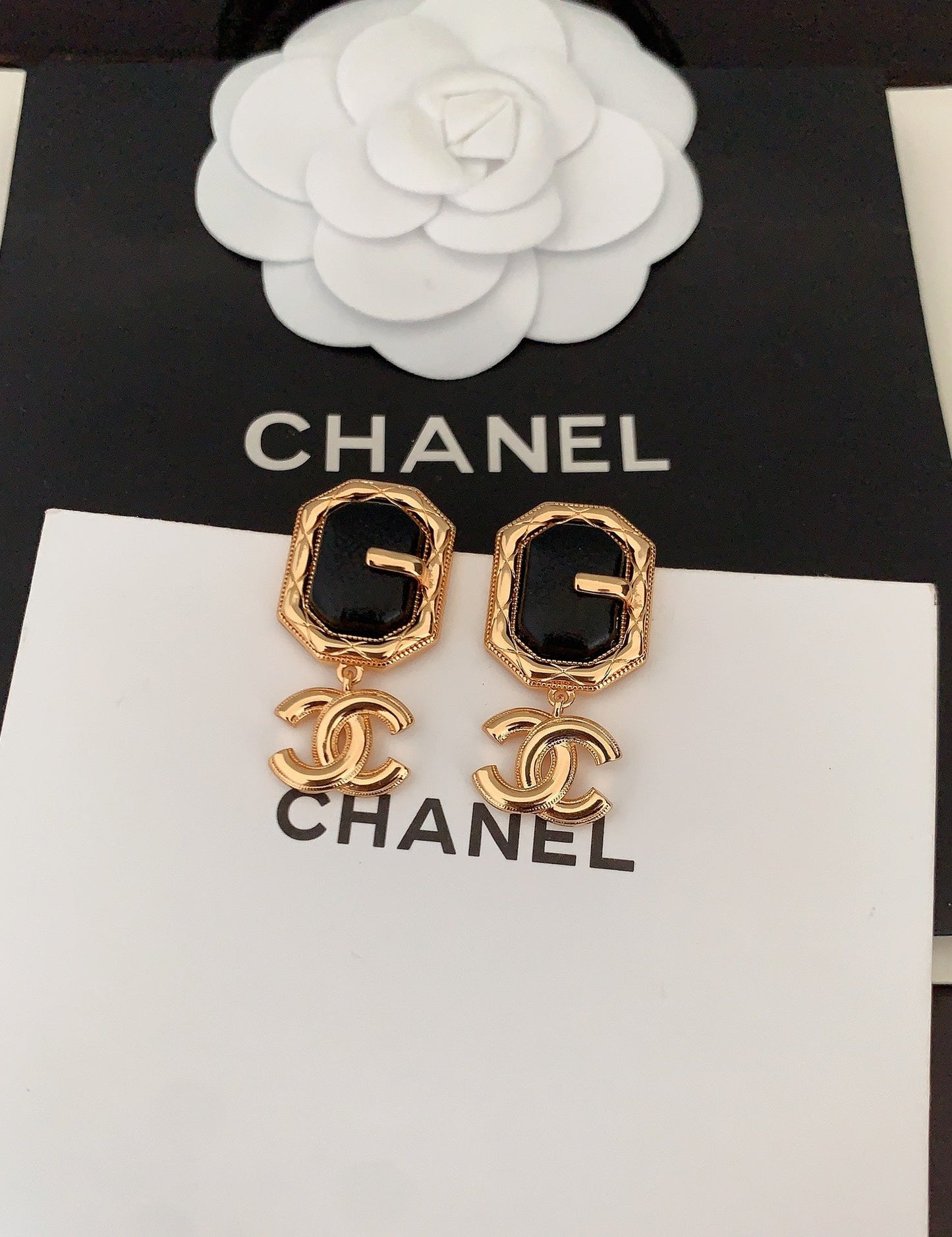 Chanel Pendant Leather 18K Gold Earrings