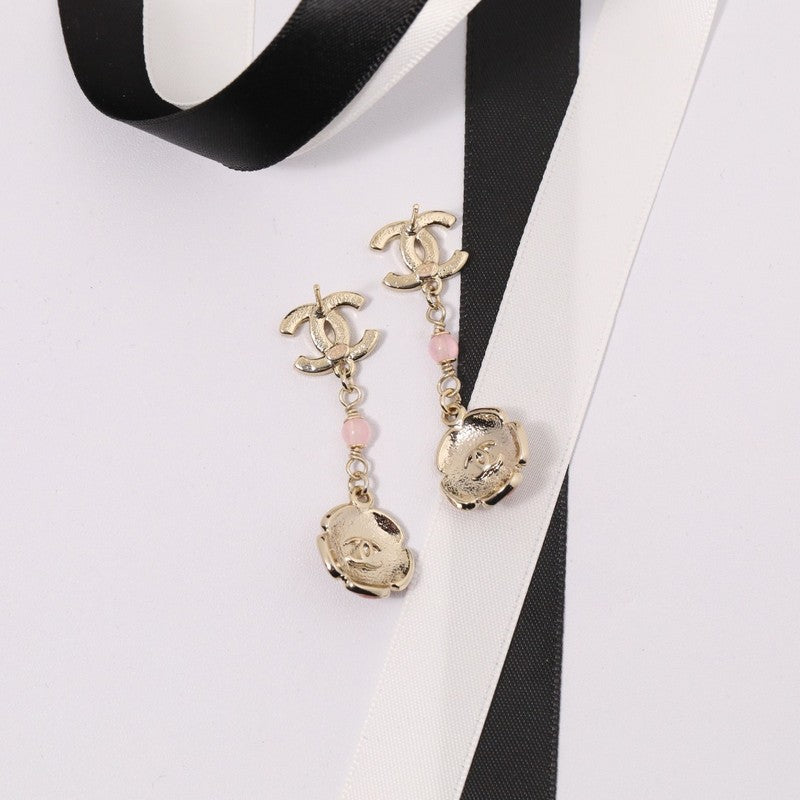 Chanel Black & Pink Camellia Diamond Long 18K Gold Earrings