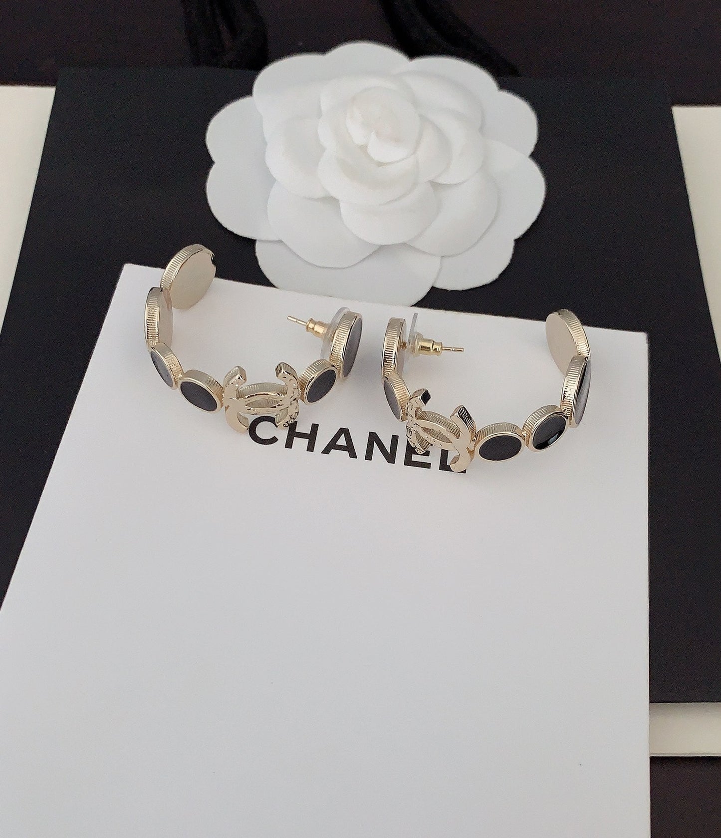 Chanel Black Crystals 18K Gold Earrings