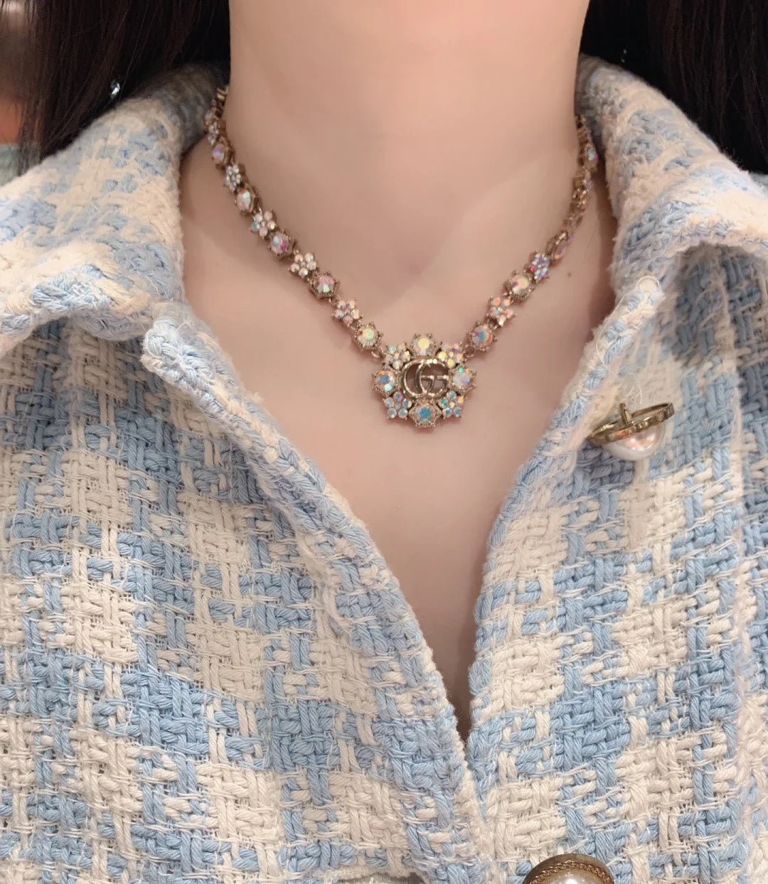 Gucci Double Crystals Chain Choker 18K Gold Necklace