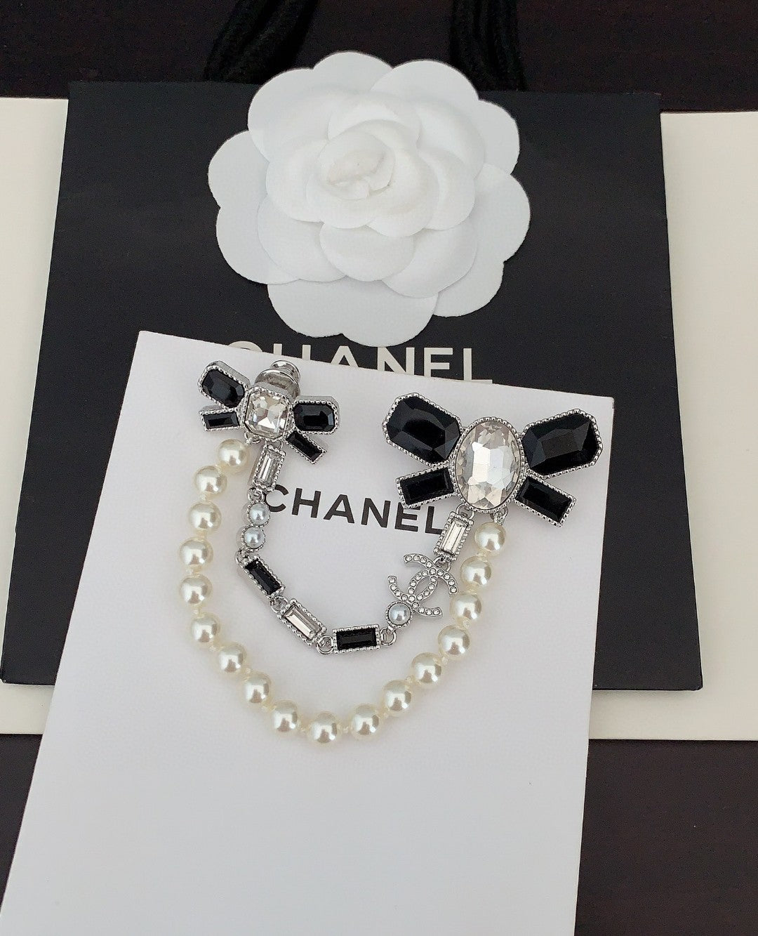 Chanel Black Bow Pearls 18K Gold Brooch