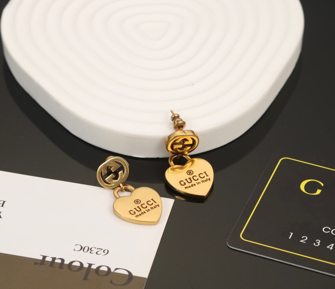 Gucci Double Heart Pendant 18K Gold Earrings