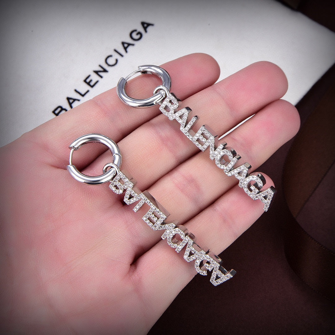 Balenciaga Typo Mirror Hoop Crystals 18K Gold Earrings
