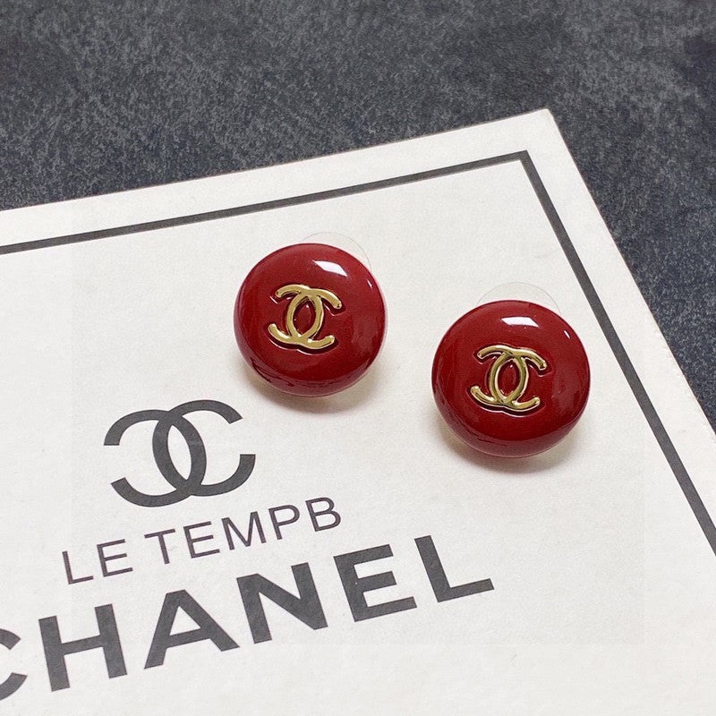 Chanel Wine Red Round 18K Gold Earrings