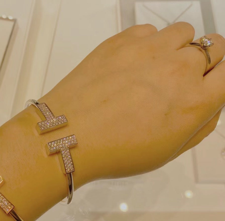 Tiffany Wide Diamond Wire 18K Gold Bracelet