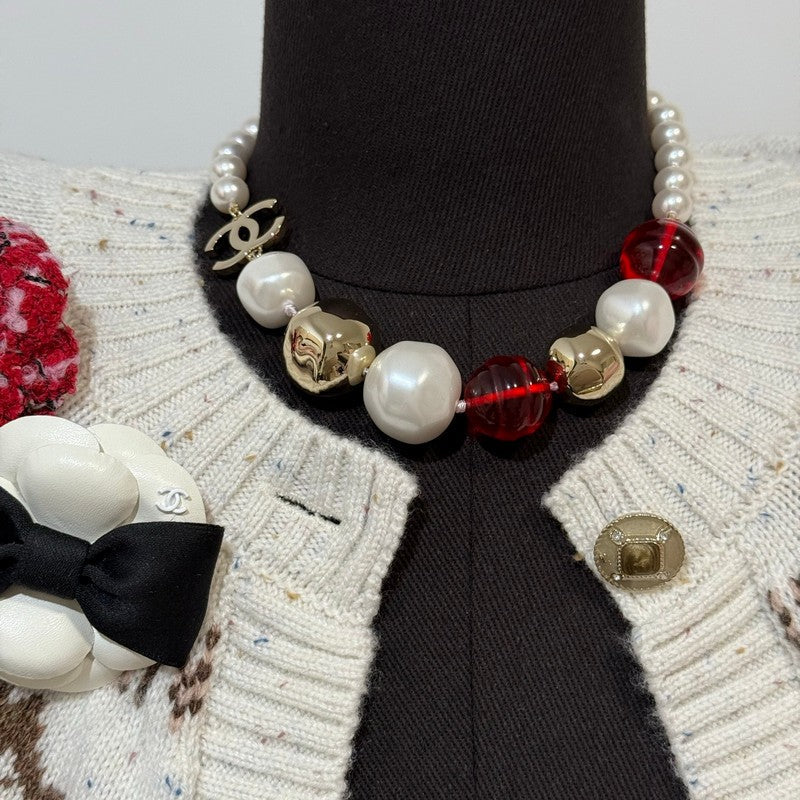 Chanel Red Crystal Pearl Choker 18K Gold Necklace