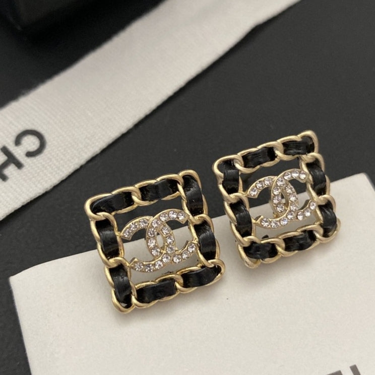 Chanel Square Leather 18K Gold Earrings