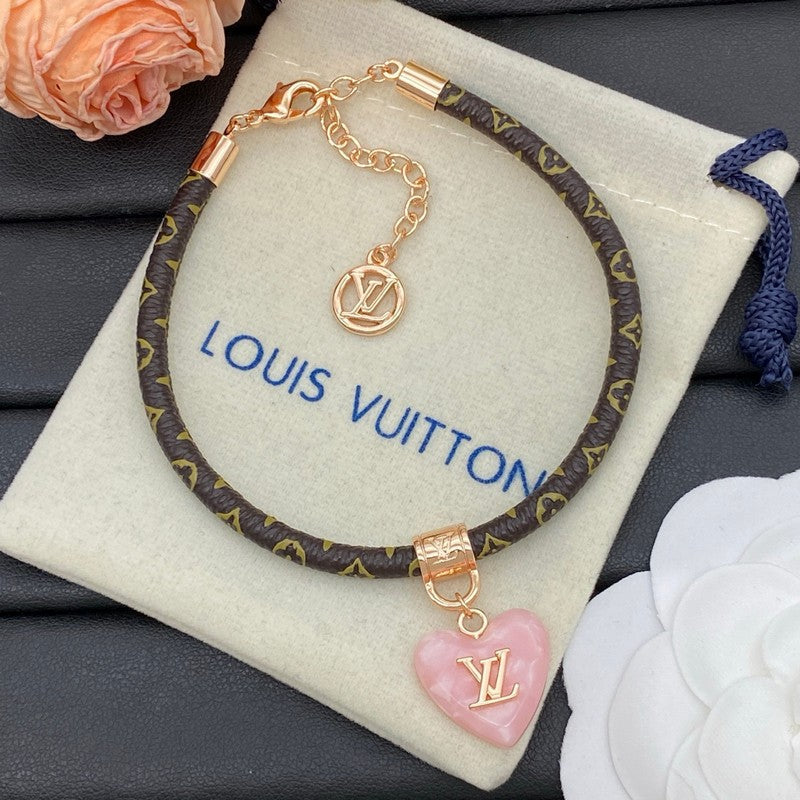 Louis Vuitton Leather Pink Heart 18K Gold Bracelet