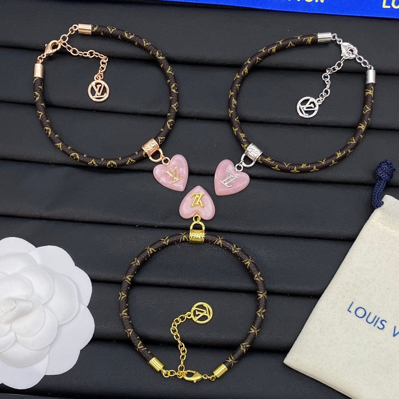 Louis Vuitton Leather Pink Heart 18K Gold Bracelet