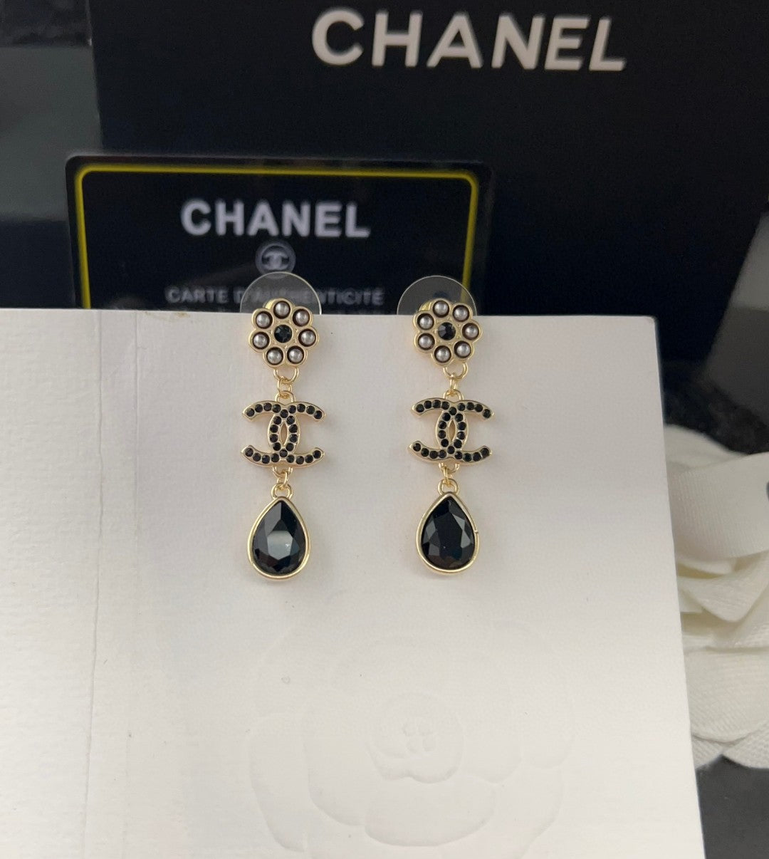 Chanel Black Crystals 18K Gold Earrings