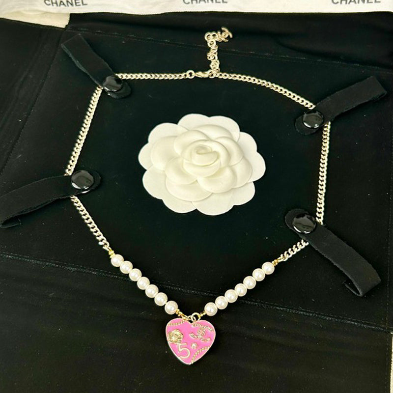 Chanel Pink & Black Heart Pearl 18K Gold Necklace