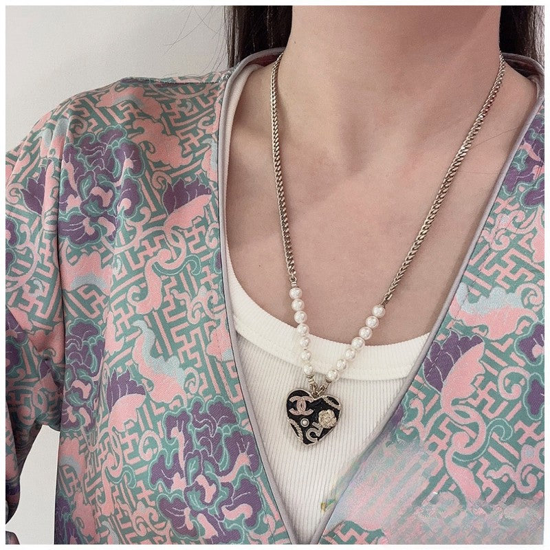 Chanel Pink & Black Heart Pearl 18K Gold Necklace